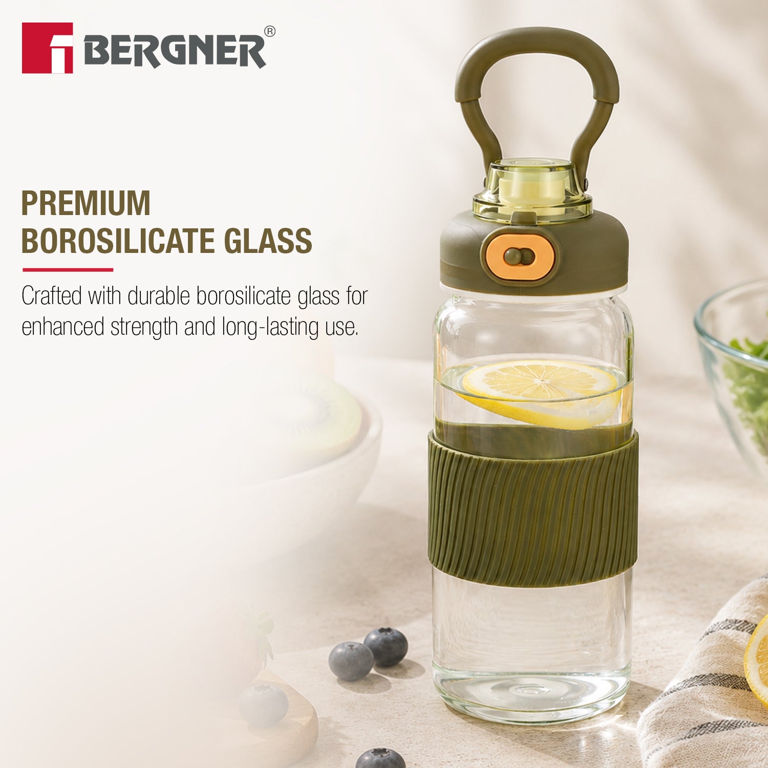 Borosilicate Glass Water Bottle (600ml), Leakproof