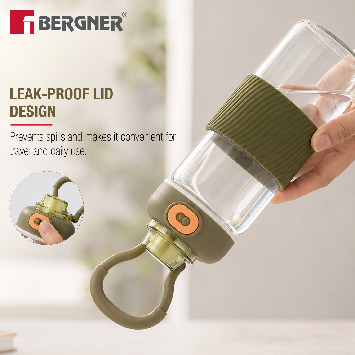 Borosilicate Glass Water Bottle (600ml), Leakproof