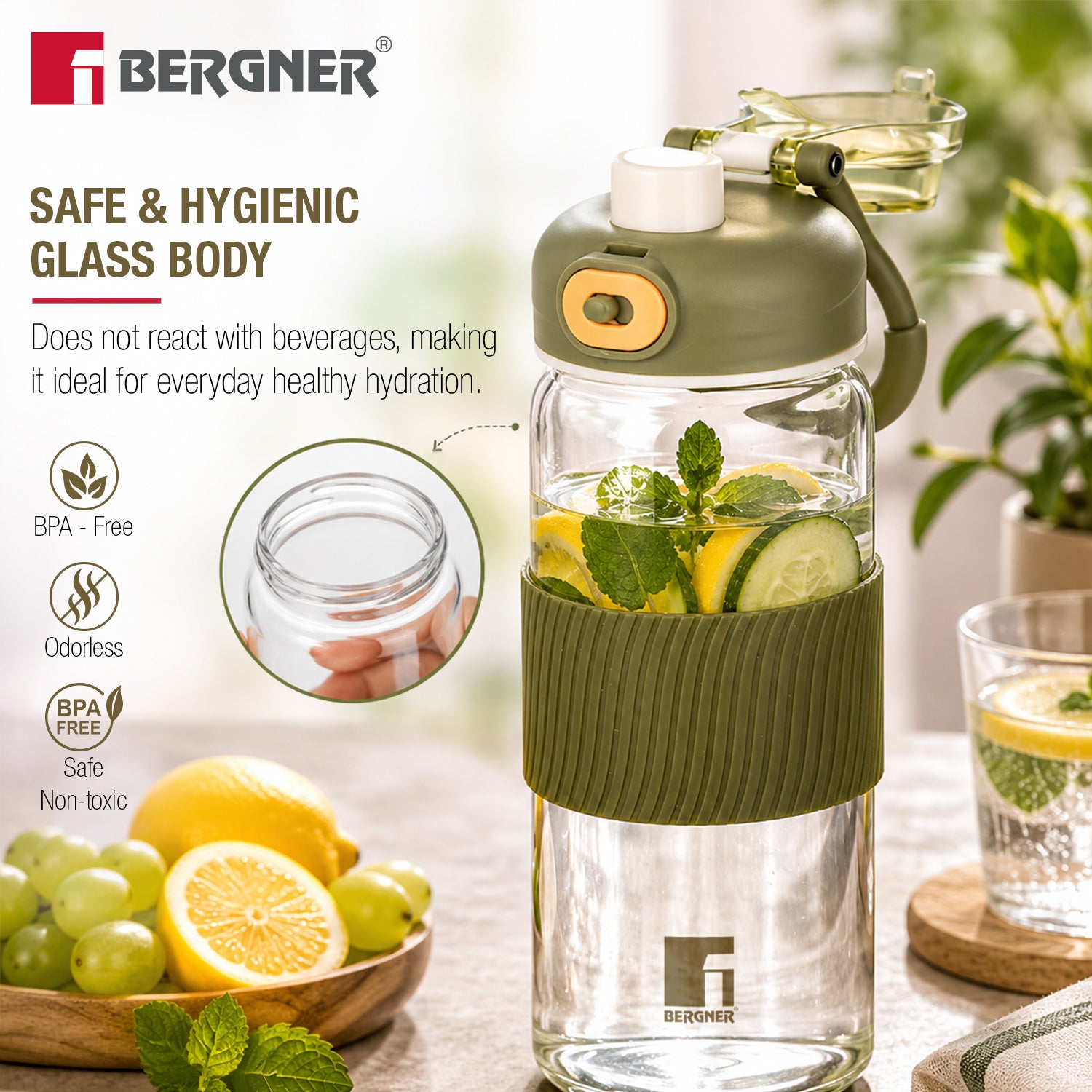 Borosilicate Glass Water Bottle (600ml), Leakproof