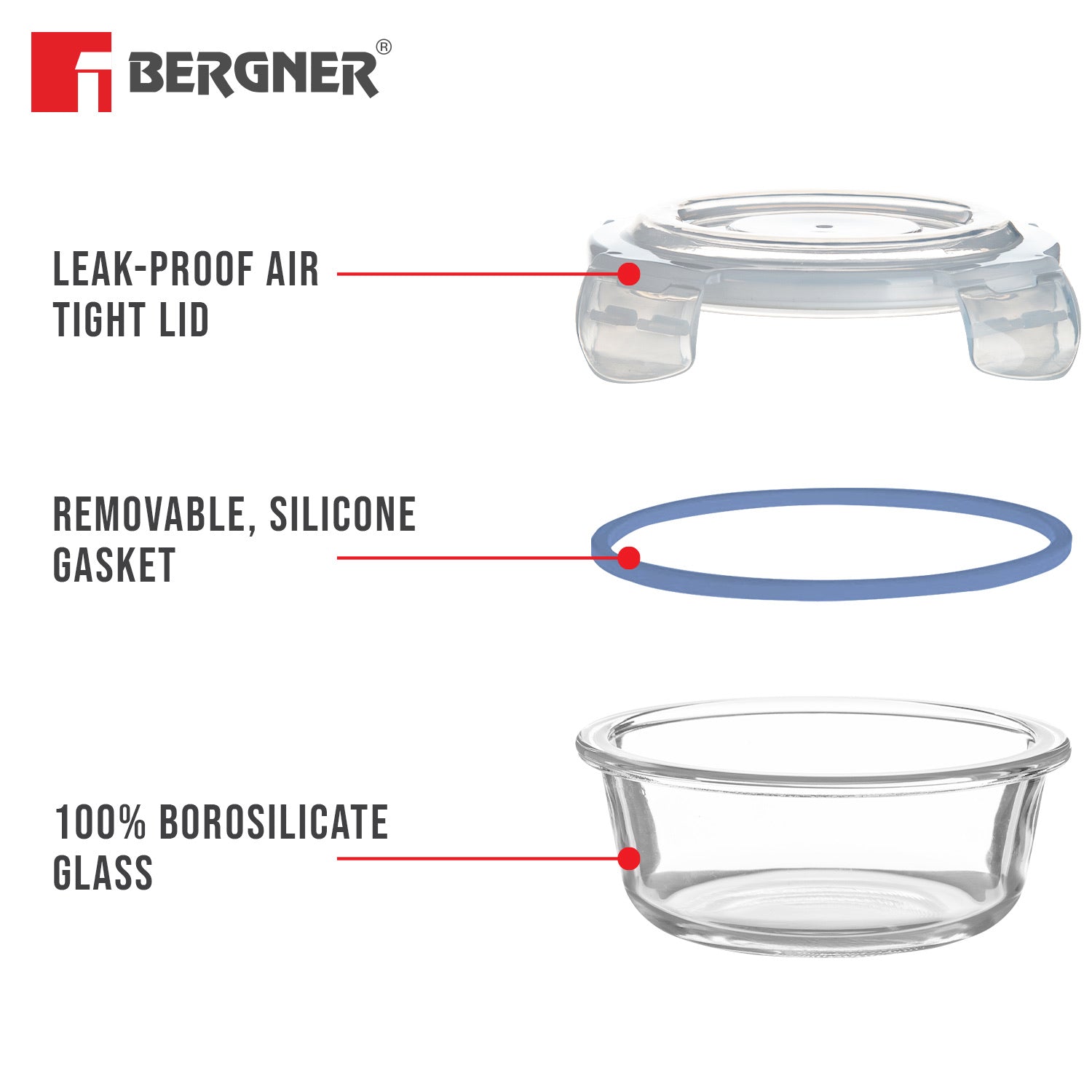 Bergner Borosilicate Glass Side Lock Storage Round Container with Lid - 400 ml