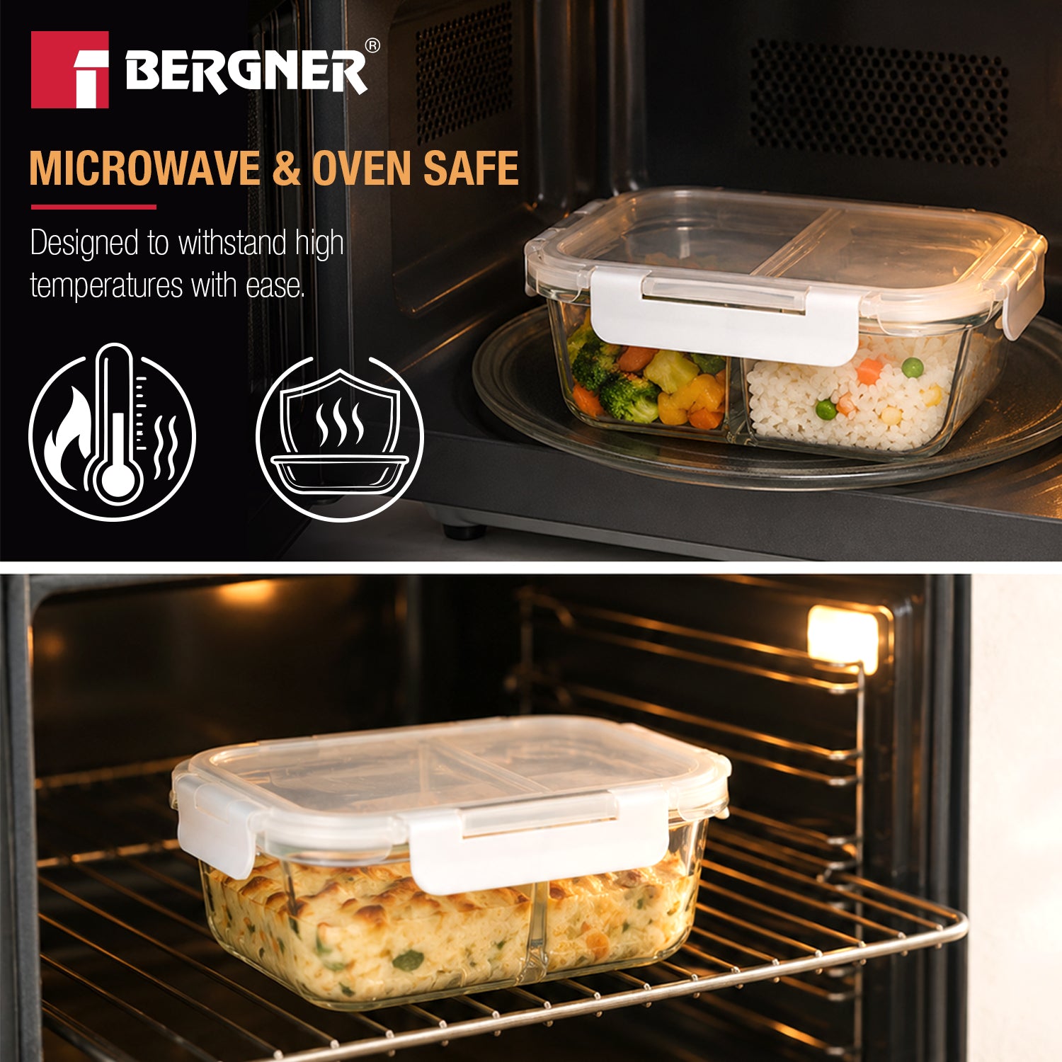 Borosilicate Glass Food Container/Lunch Box 980ml with two Compartment