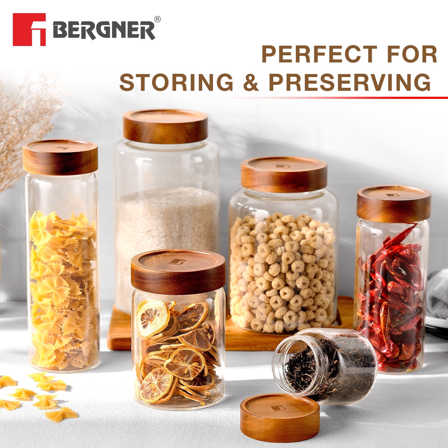 Bergner Acadia Borosilicate Glass Jar with Solid Wood Lid, For Storing Sugar, Flour, Tea, Coffee, Spices, Biscuits, Oats, Airtight Multipurpose Container for Kitchen