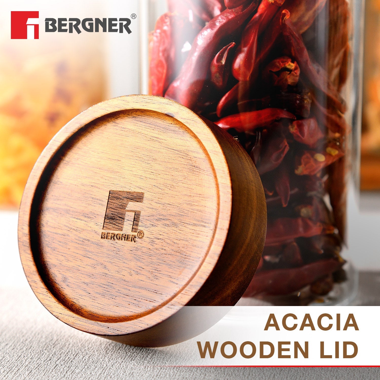 Bergner Acadia Borosilicate Glass Jar with Solid Wood Lid, For Storing Sugar, Flour, Tea, Coffee, Spices, Biscuits, Oats, Airtight Multipurpose Container for Kitchen