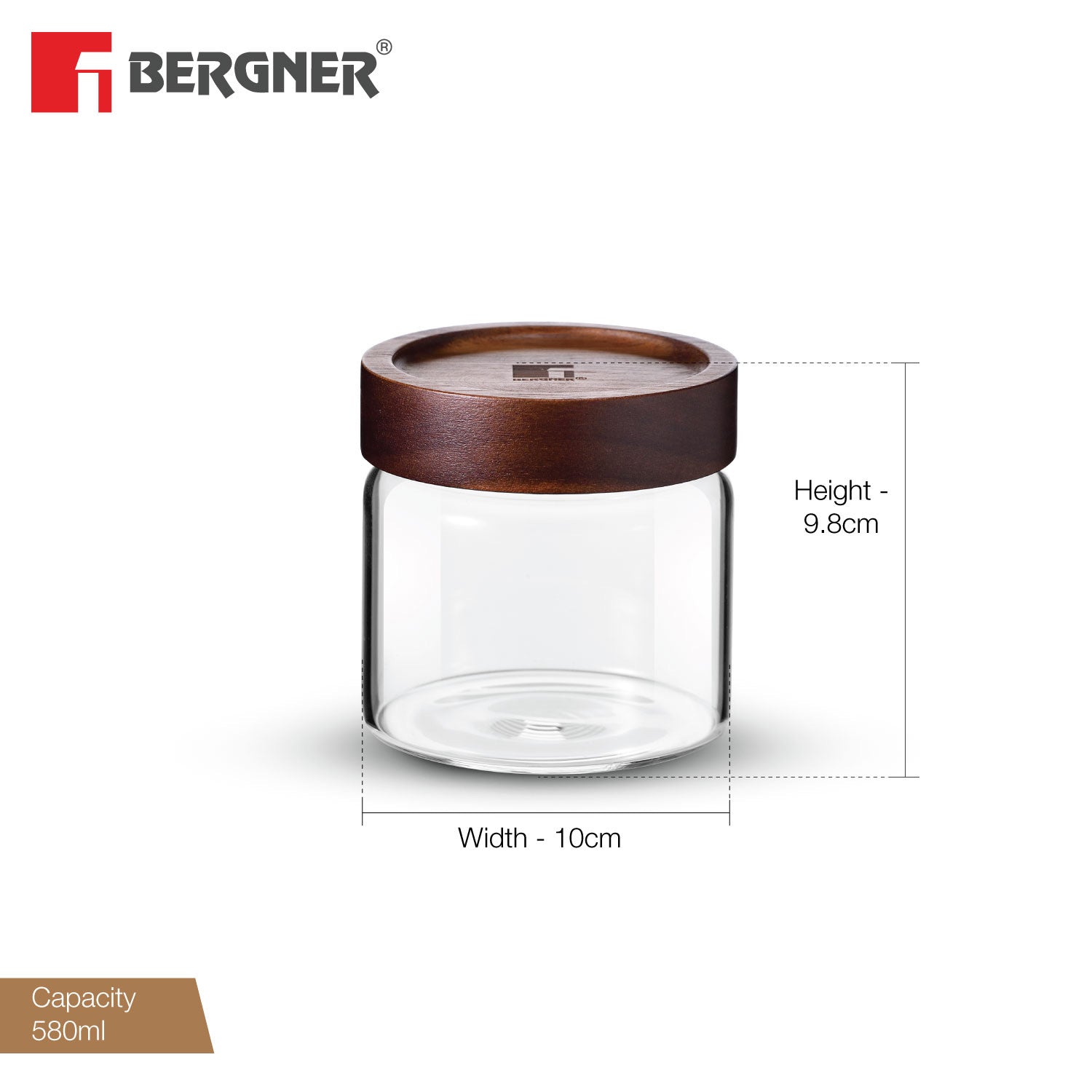 Bergner Acadia Borosilicate Glass Jar with Solid Wood Lid, For Storing Sugar, Flour, Tea, Coffee, Spices, Biscuits, Oats, Airtight Multipurpose Container for Kitchen