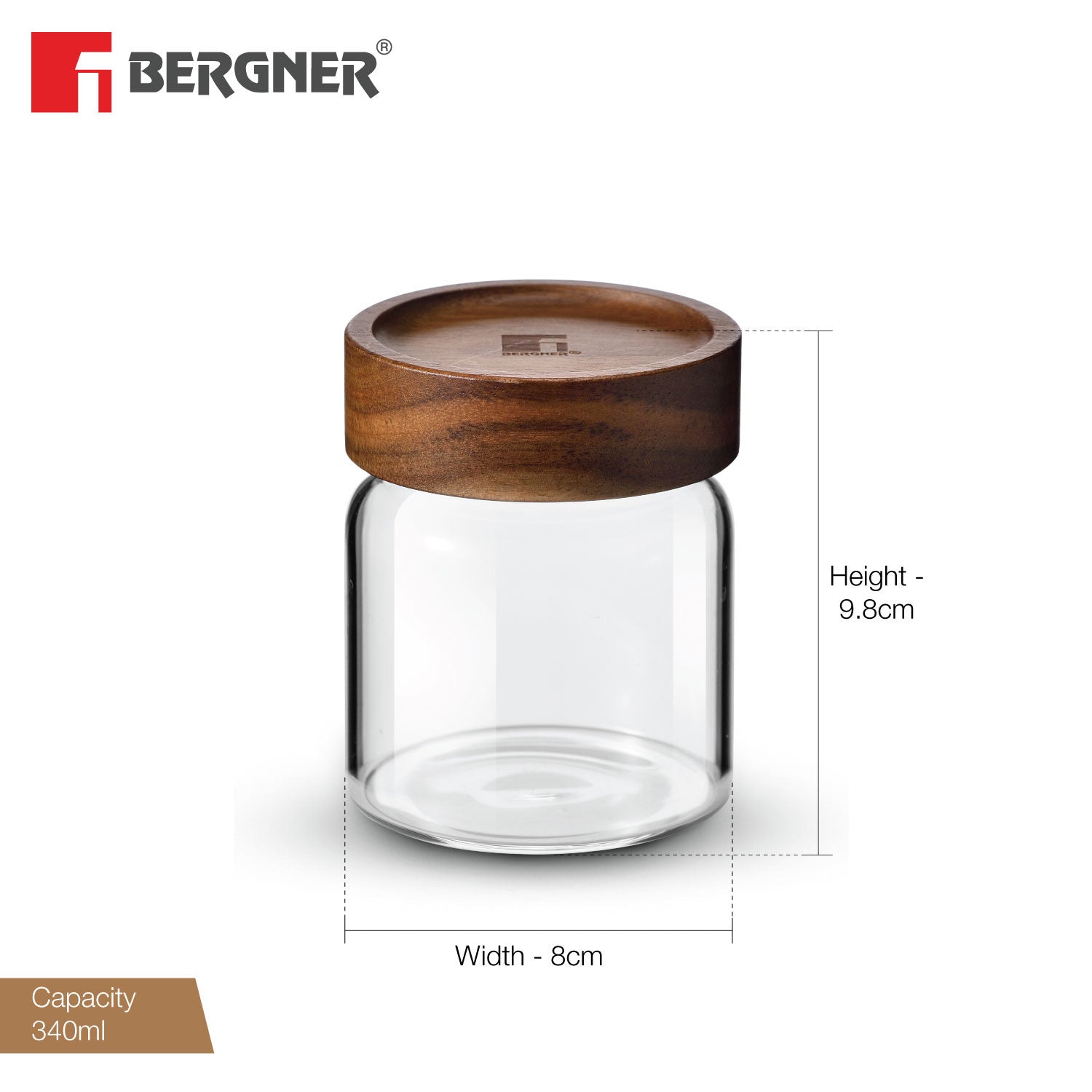 Bergner Acadia Borosilicate Glass Jar with Solid Wood Lid, For Storing Sugar, Flour, Tea, Coffee, Spices, Biscuits, Oats, Airtight Multipurpose Container for Kitchen