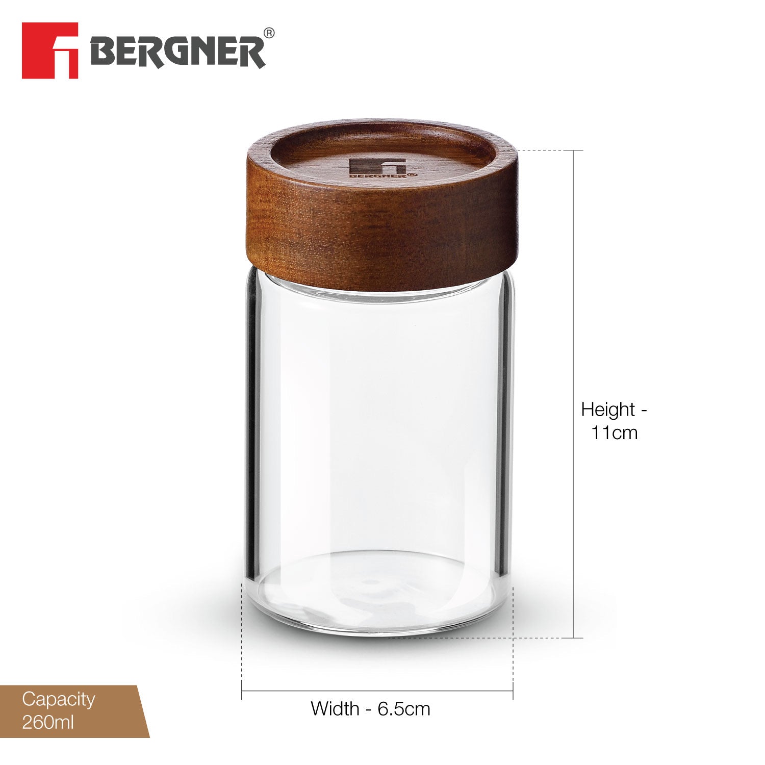 Bergner Acadia Borosilicate Glass Jar with Solid Wood Lid, For Storing Sugar, Flour, Tea, Coffee, Spices, Biscuits, Oats, Airtight Multipurpose Container for Kitchen