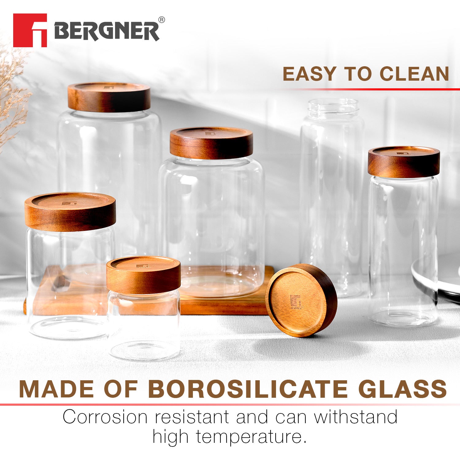 Bergner Acadia Borosilicate Glass Jar with Solid Wood Lid, For Storing Sugar, Flour, Tea, Coffee, Spices, Biscuits, Oats, Airtight Multipurpose Container for Kitchen