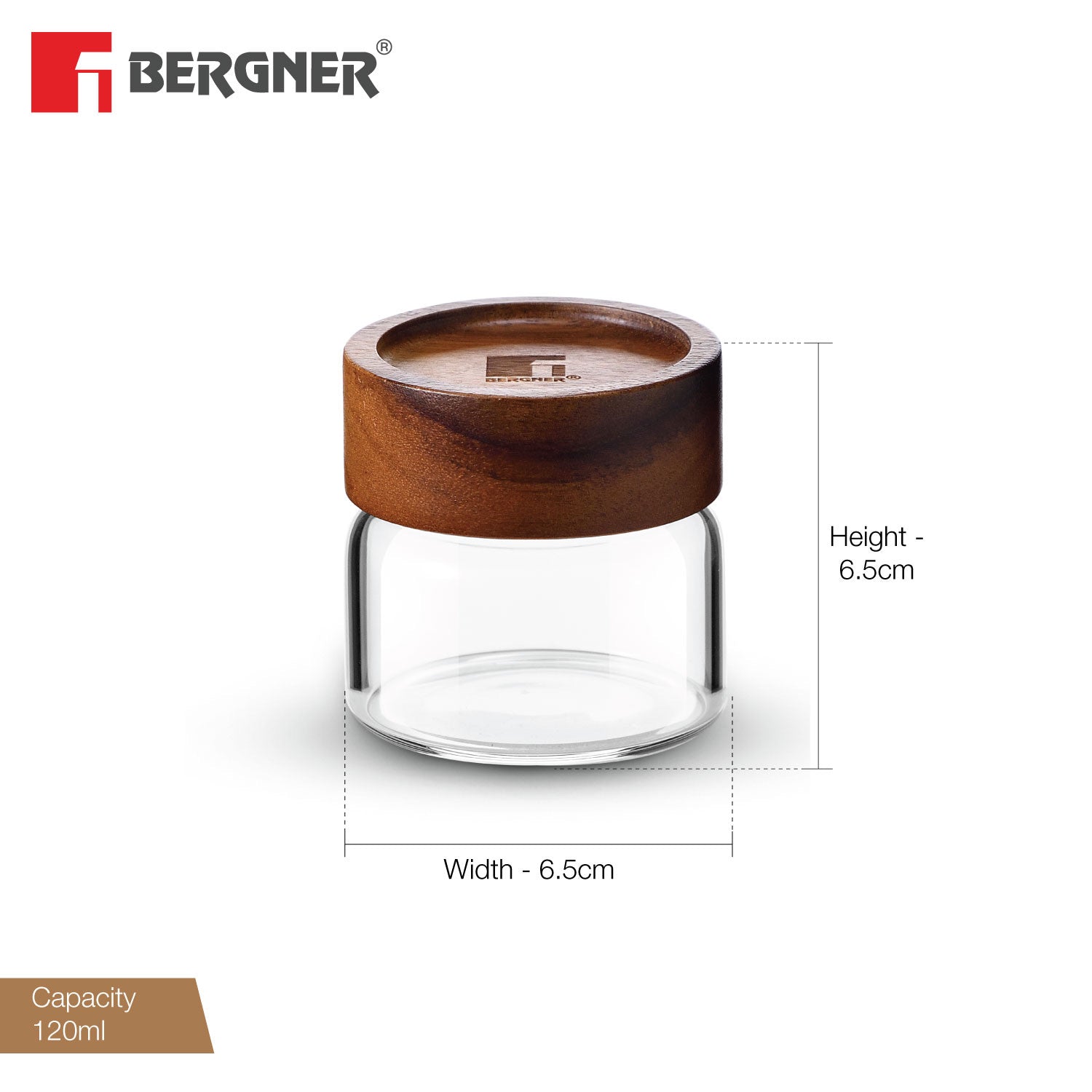 Bergner Acadia Borosilicate Glass Jar with Solid Wood Lid, For Storing Sugar, Flour, Tea, Coffee, Spices, Biscuits, Oats, Airtight Multipurpose Container for Kitchen