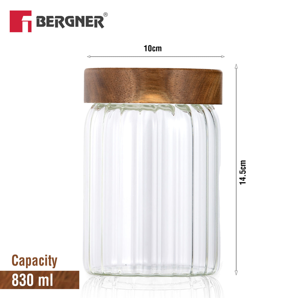 Bergner Acadia 900ml stripe borosilicate glass jar dimension diagram showing 14.5cm height and 10cm width with solid acacia wood lid