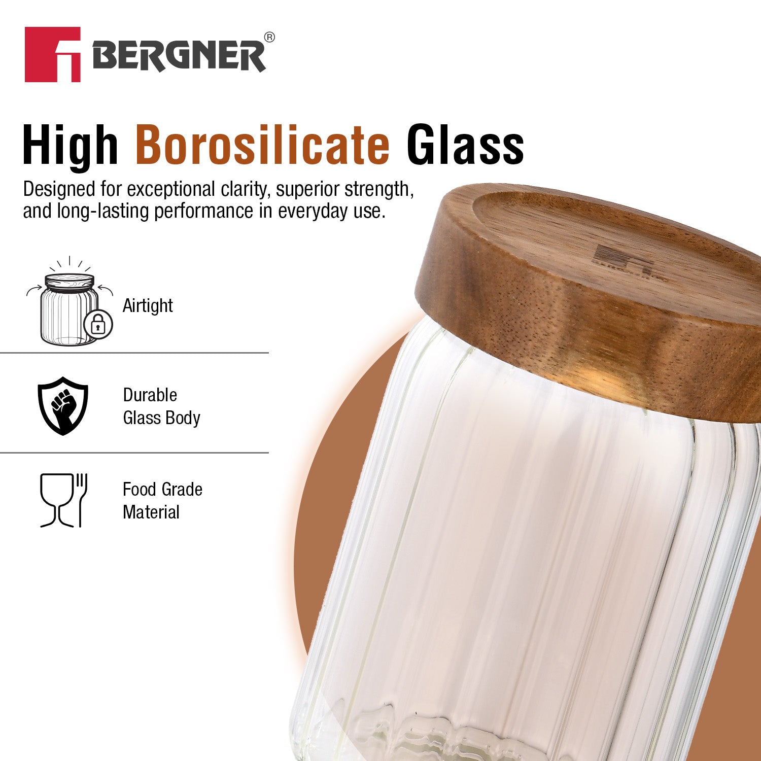 Bergner Acadia 900ml high borosilicate glass jar with solid acacia wood lid featuring airtight seal, durable glass body, and food grade material