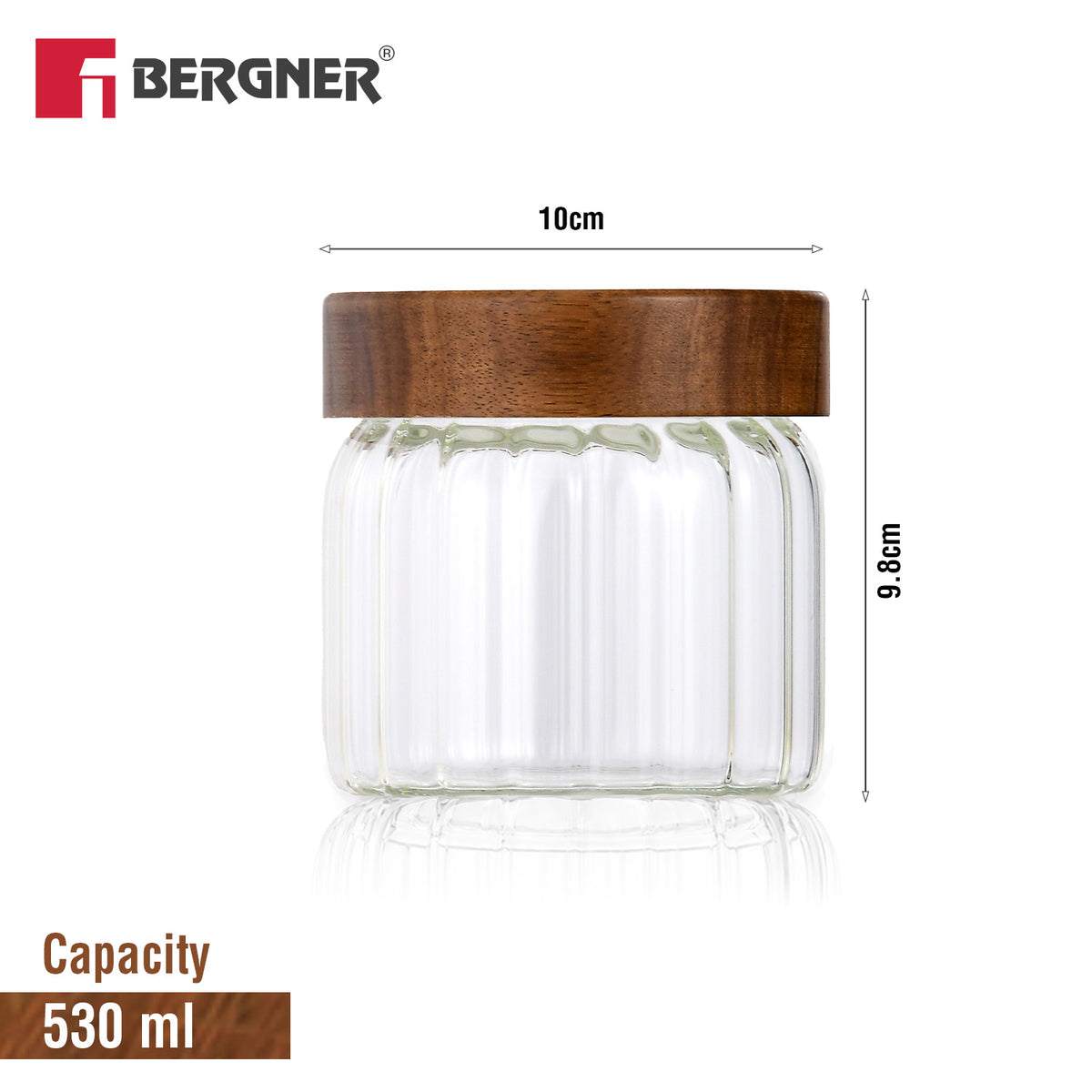 Bergner Acadia 580ml wide stripe borosilicate glass jar dimension diagram showing 9.8cm height and 10cm width with solid acacia wood lid