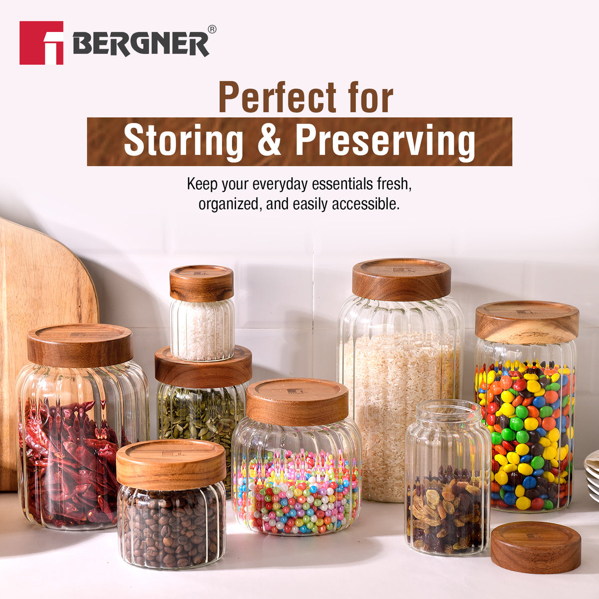 Bergner Acadia borosilicate glass jars with solid acacia wood lid, perfect for storing and preserving kitchen pantry essentials