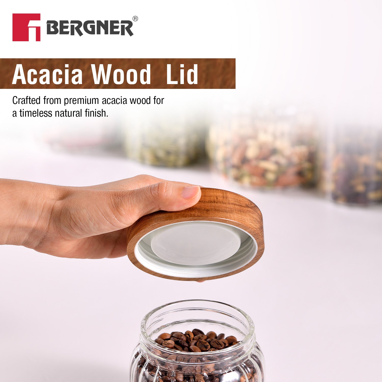 Bergner Acadia 580ml borosilicate glass jar with natural acacia wood lid featuring airtight seal for coffee and pantry storage