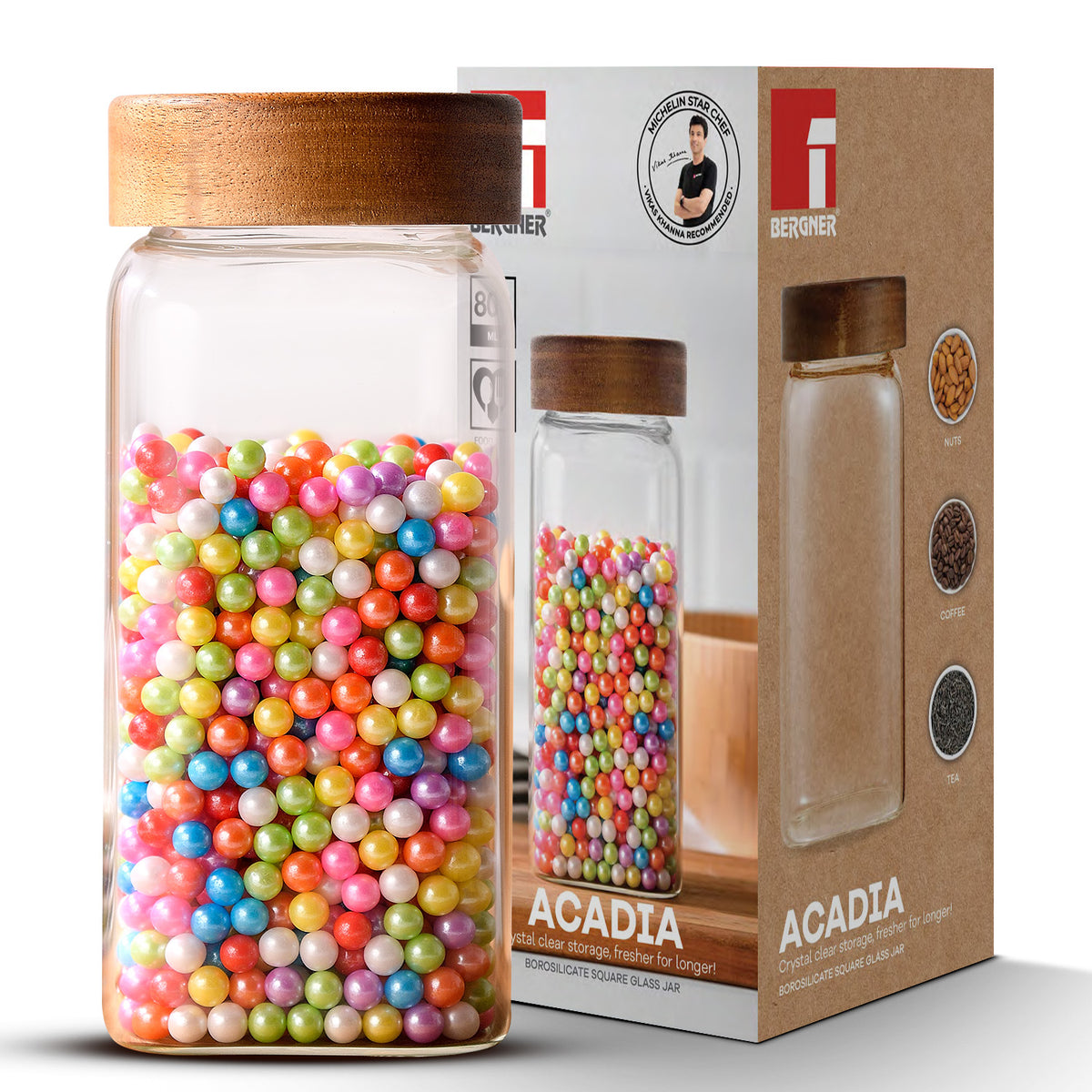 Acadia 800ml Square Borosilicate Glass Jar with Wooden Lid