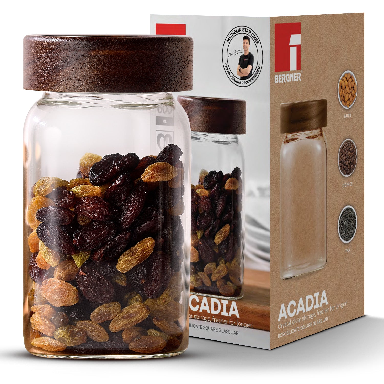 Acadia 600ml Square Borosilicate Glass Jar with Wooden Lid