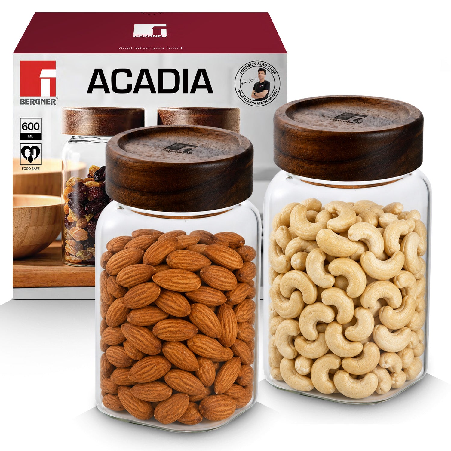 Acadia 2Pcs (600 ml each) Tall Square Borosilicate Glass Jar with Lid
