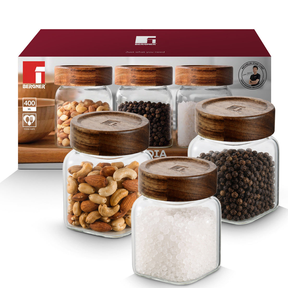 Acadia 3Pcs (400 ml each) Square Borosilicate Glass Jar with Lid
