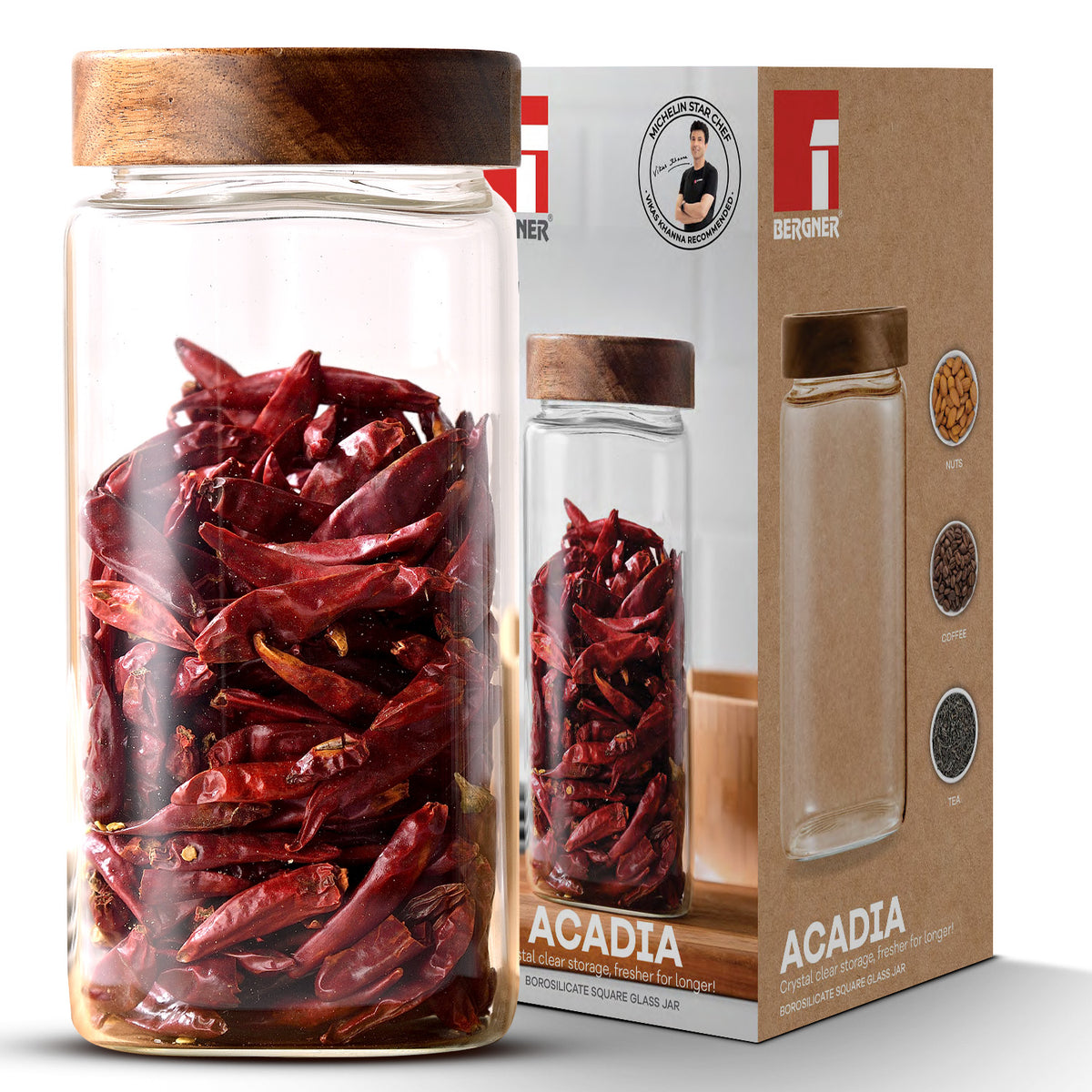 Acadia 1600ml Square Borosilicate Glass Jar with Wooden Lid