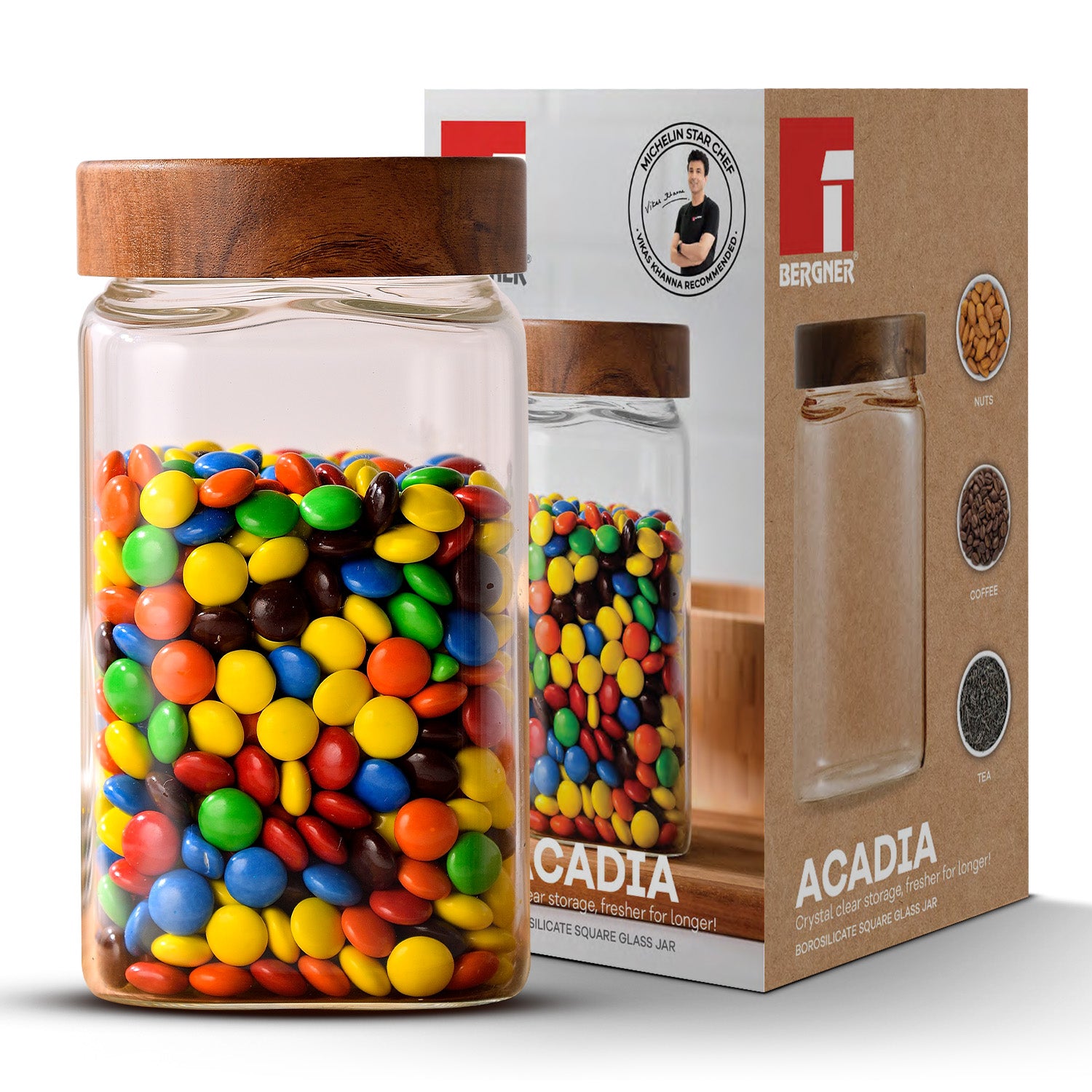 Acadia 1300ml Square Borosilicate Glass Jar with Wooden Lid