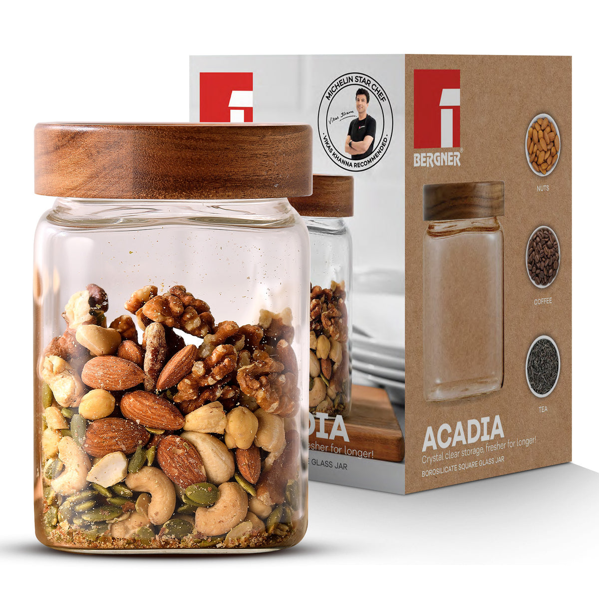 Acadia 1050ml Square Borosilicate Glass Jar with Wooden Lid