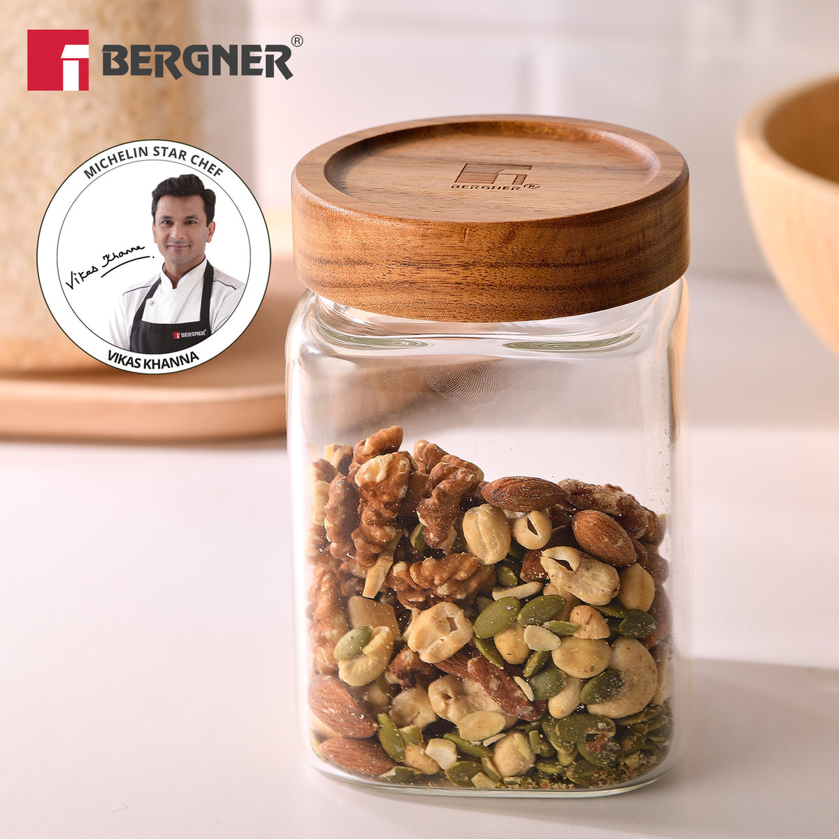 Acadia 1050ml Square Borosilicate Glass Jar with Wooden Lid