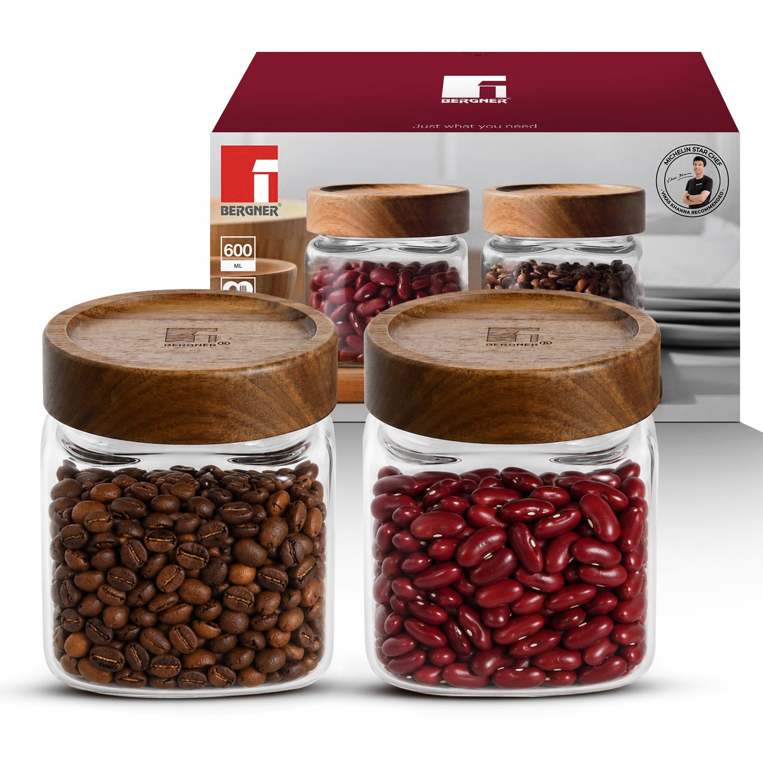 Acadia 2Pcs (600 ml each) Square Borosilicate Glass Jar with Lid