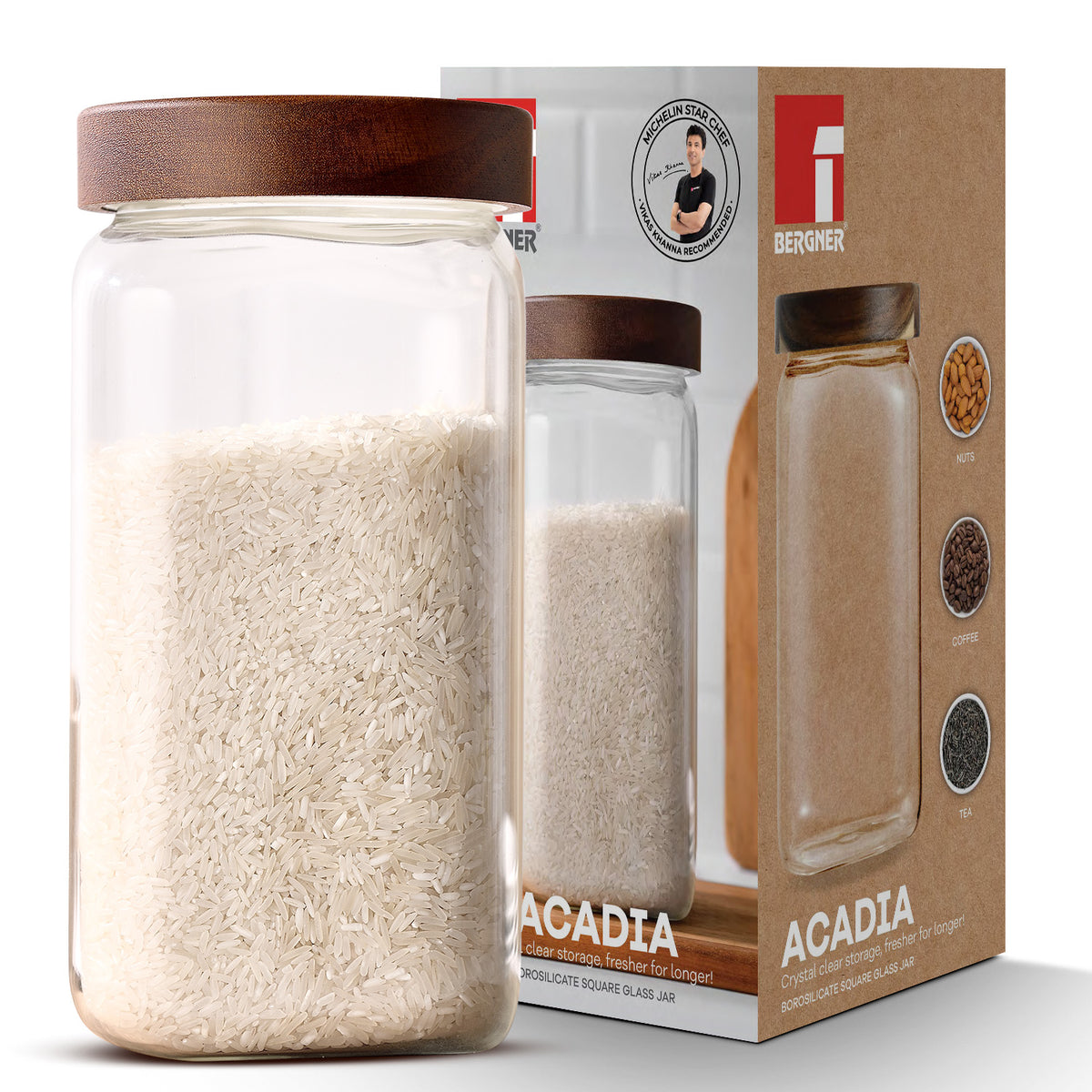 Acadia 2400ml Square Borosilicate Glass Jar with Wooden Lid