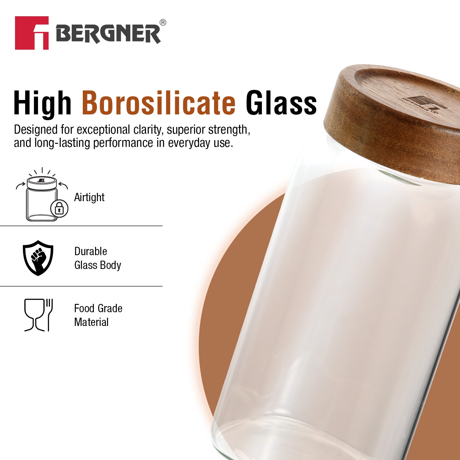Acadia 2400ml Square Borosilicate Glass Jar with Wooden Lid