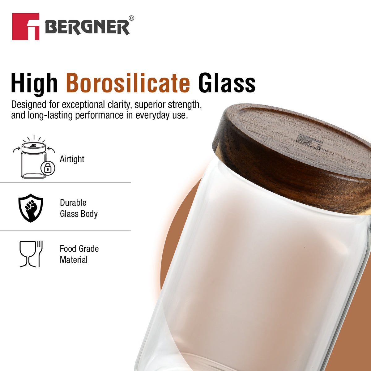 Acadia 1900ml Square Borosilicate Glass Jar with Wooden Lid