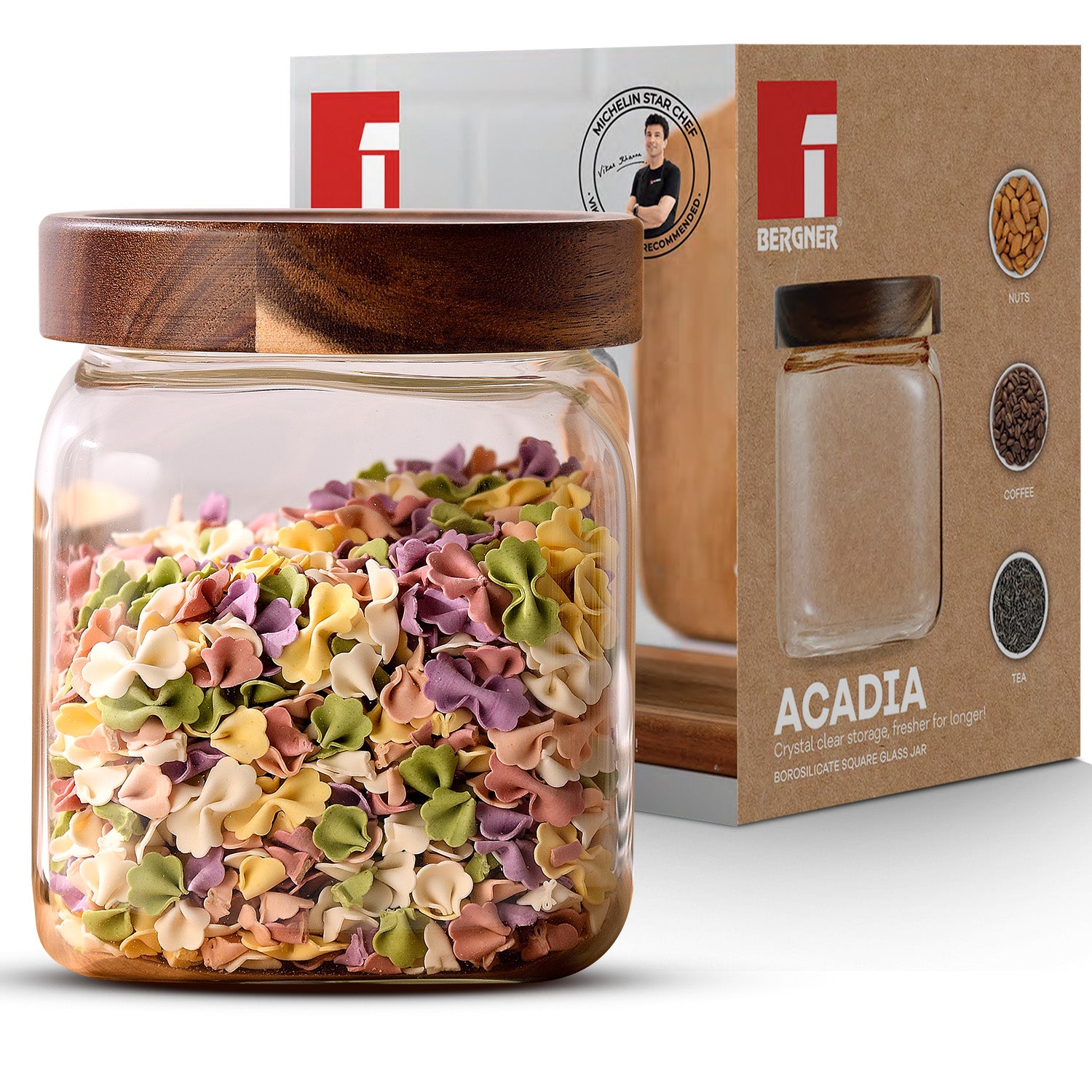 Acadia 1400ml Square Borosilicate Glass Jar with Wooden Lid