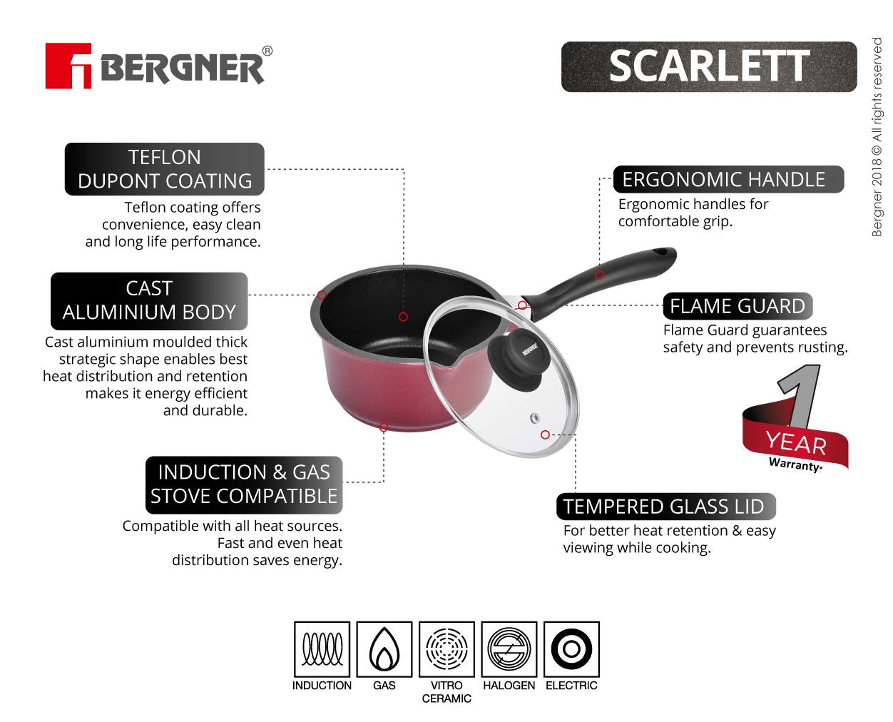 Scarlett Cast Aluminium Non-Stick Saucepan with Glass Lid (16cm)