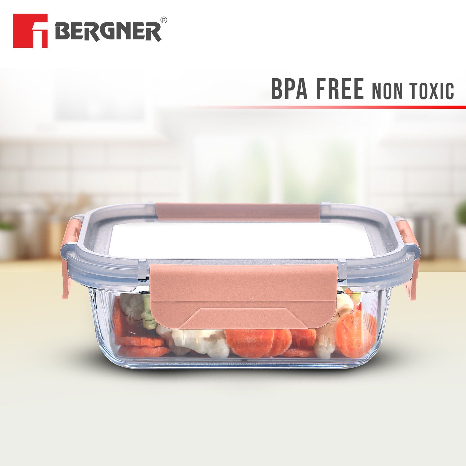 Bergner Smart Lock Borosilicate Glass Food Container, Air-Tight Lid with Locking Tab, Microwave and Oven Safe, Dishwasher Safe