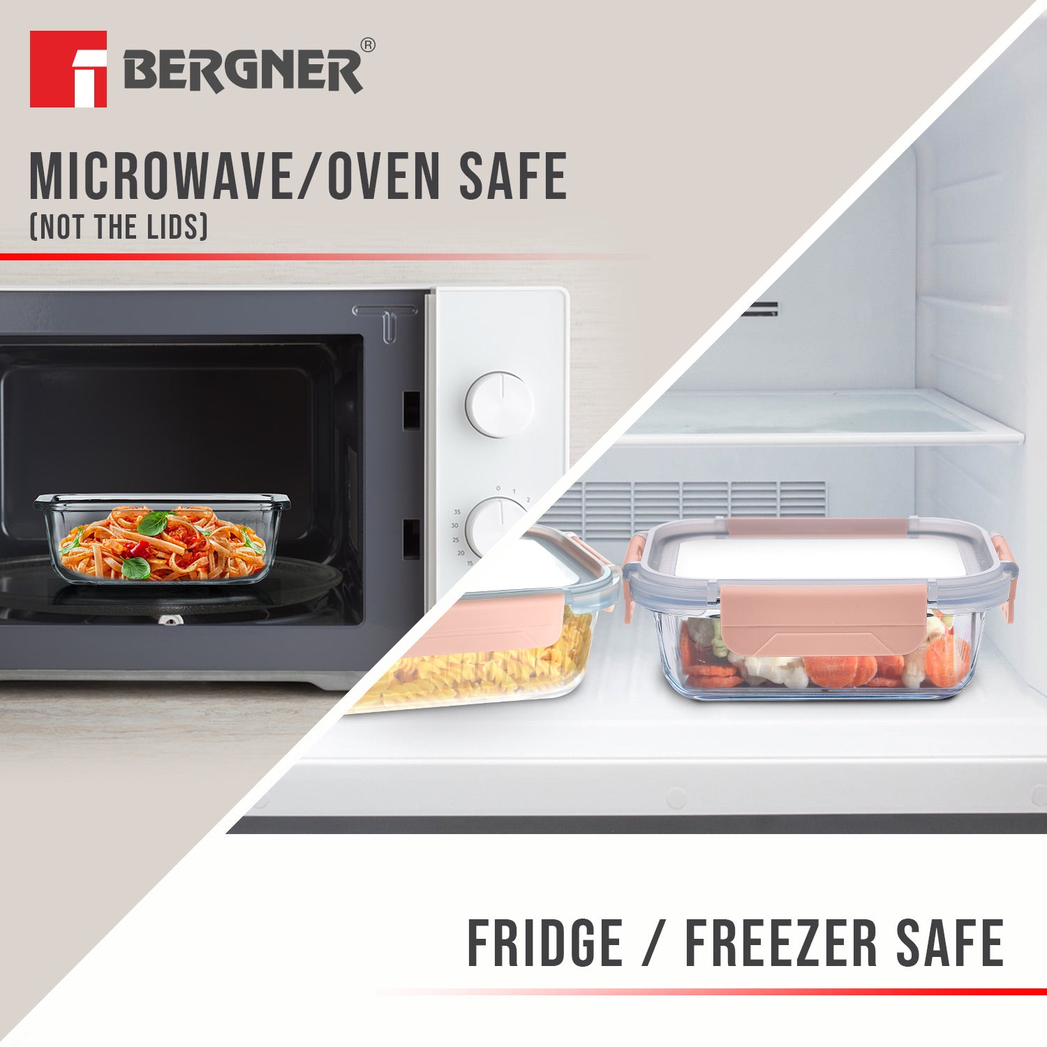 Bergner Smart Lock Borosilicate Glass Food Container, Air-Tight Lid with Locking Tab, Microwave and Oven Safe, Dishwasher Safe