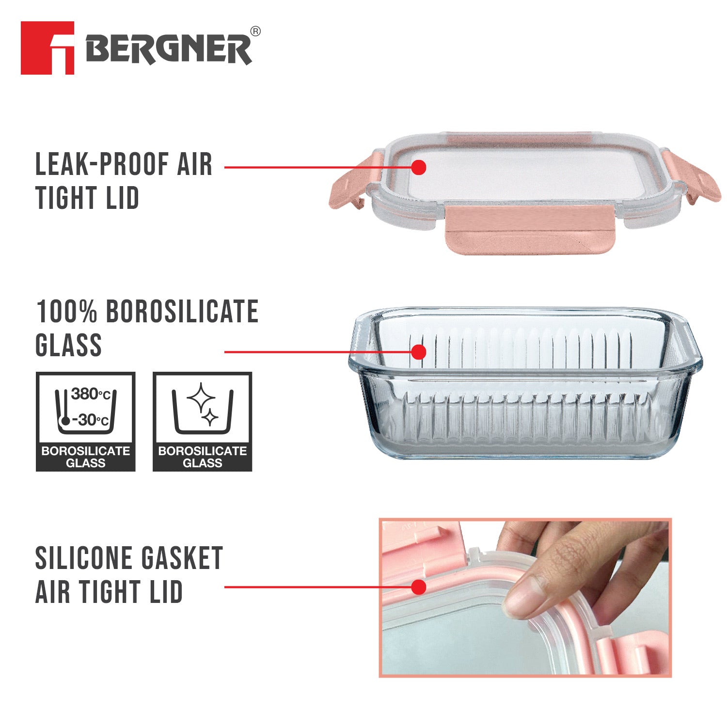 Bergner Smart Lock Borosilicate Glass Food Container, Air-Tight Lid with Locking Tab, Microwave and Oven Safe, Dishwasher Safe