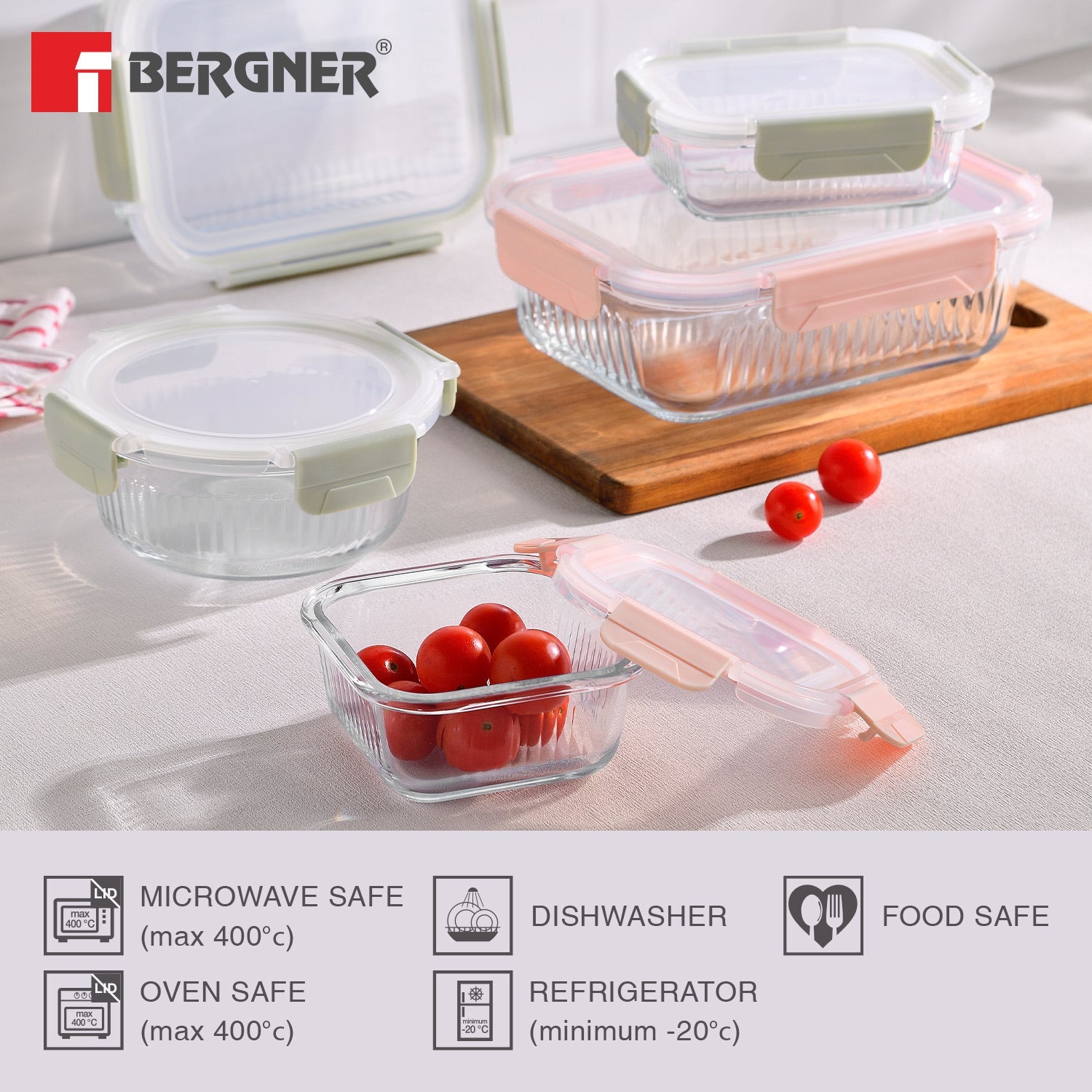 Bergner Smart Lock Borosilicate Glass Food Container, Air-Tight Lid with Locking Tab, Microwave and Oven Safe, Dishwasher Safe