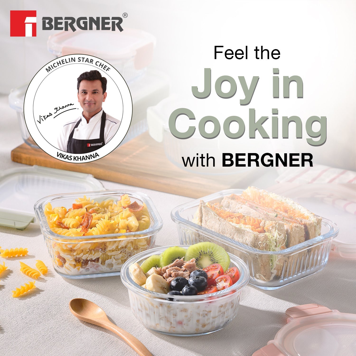 Bergner Smart Lock Borosilicate Glass Food Container, Air-Tight Lid with Locking Tab, Microwave and Oven Safe, Dishwasher Safe