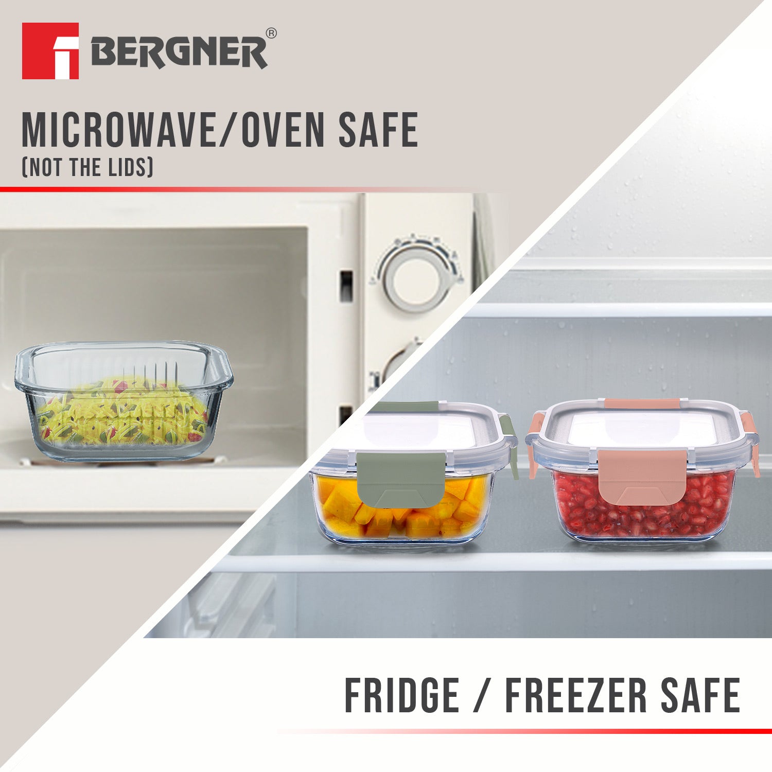 Bergner Smart Lock Borosilicate Glass Food Container, Air-Tight Lid with Locking Tab, Microwave and Oven Safe, Dishwasher Safe