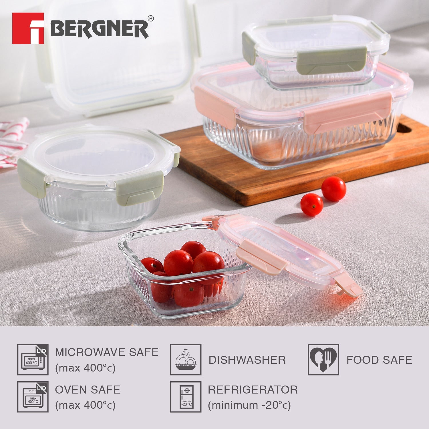 Bergner Smart Lock Borosilicate Glass Food Container, Air-Tight Lid with Locking Tab, Microwave and Oven Safe, Dishwasher Safe