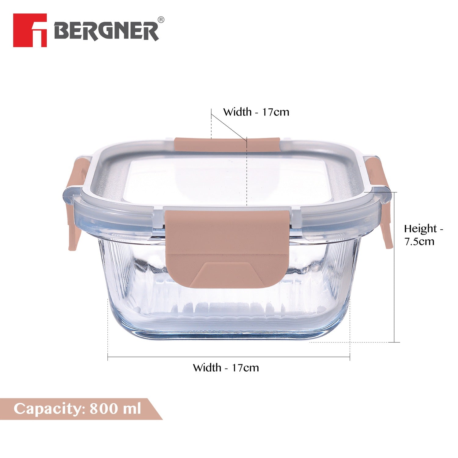 Bergner Smart Lock Borosilicate Glass Food Container, Air-Tight Lid with Locking Tab, Microwave and Oven Safe, Dishwasher Safe