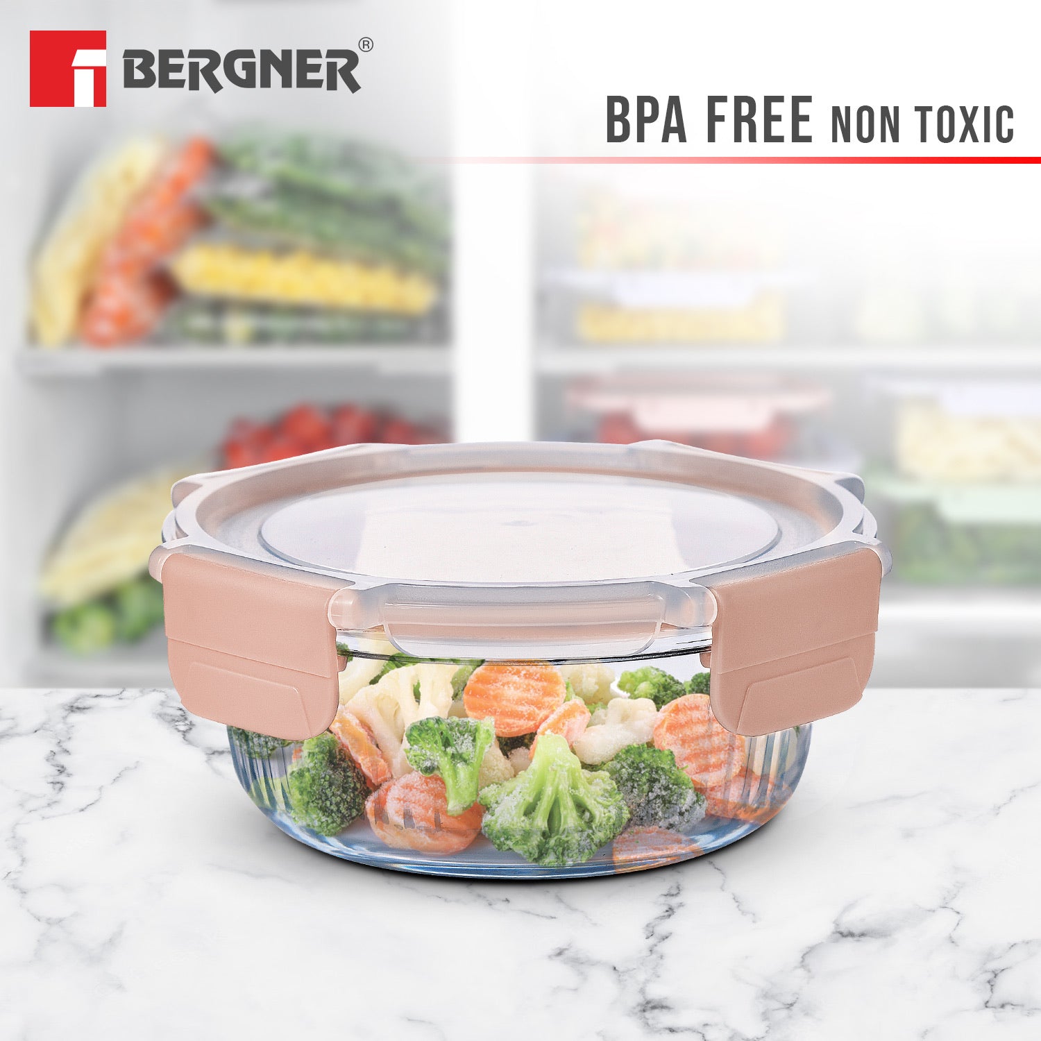 Bergner Smart Lock Borosilicate Glass Food Container, Air-Tight Lid with Locking Tab, Microwave and Oven Safe, Dishwasher Safe