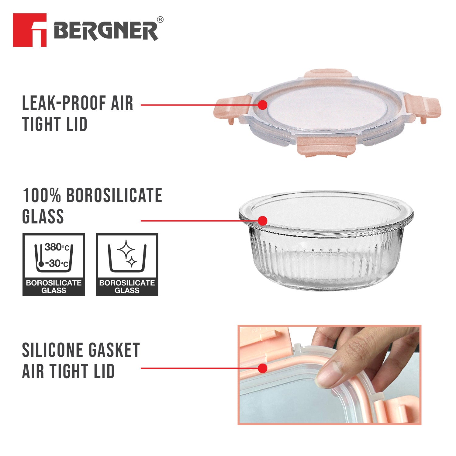 Bergner Smart Lock Borosilicate Glass Food Container, Air-Tight Lid with Locking Tab, Microwave and Oven Safe, Dishwasher Safe