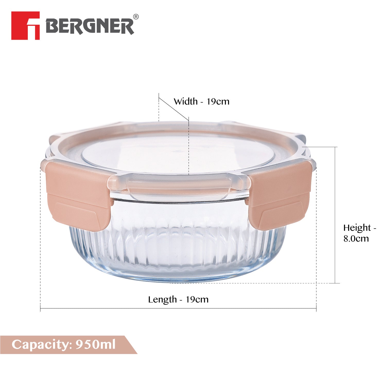 Bergner Smart Lock Borosilicate Glass Food Container, Air-Tight Lid with Locking Tab, Microwave and Oven Safe, Dishwasher Safe