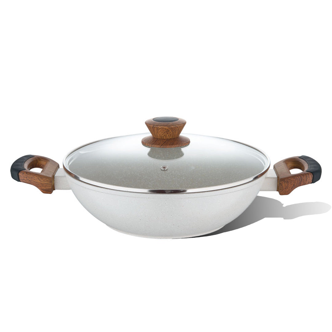 Bergner Naturally Forged Aluminum Kadai with Glass Lid, Non-Stick Marble Coating, Comes with Non-Woven Trivet - Induction Bottom,