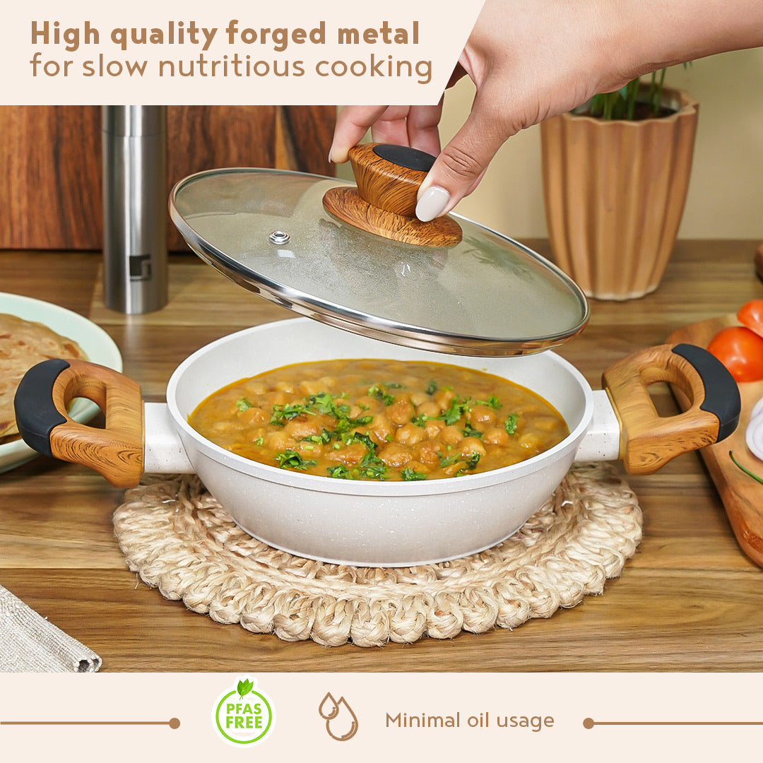 Bergner Naturally Forged Aluminum Kadai with Glass Lid, Non-Stick Marble Coating, Comes with Non-Woven Trivet - Induction Bottom,