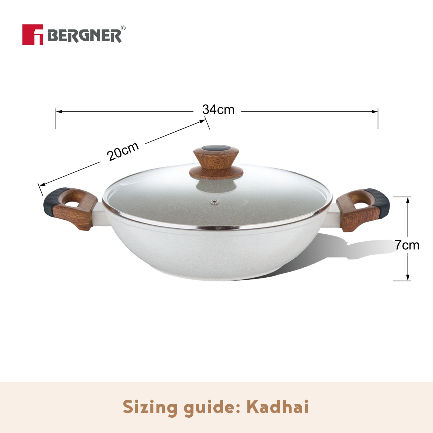 Bergner Naturally Forged Aluminum Kadai with Glass Lid, Non-Stick Marble Coating, Comes with Non-Woven Trivet - Induction Bottom,