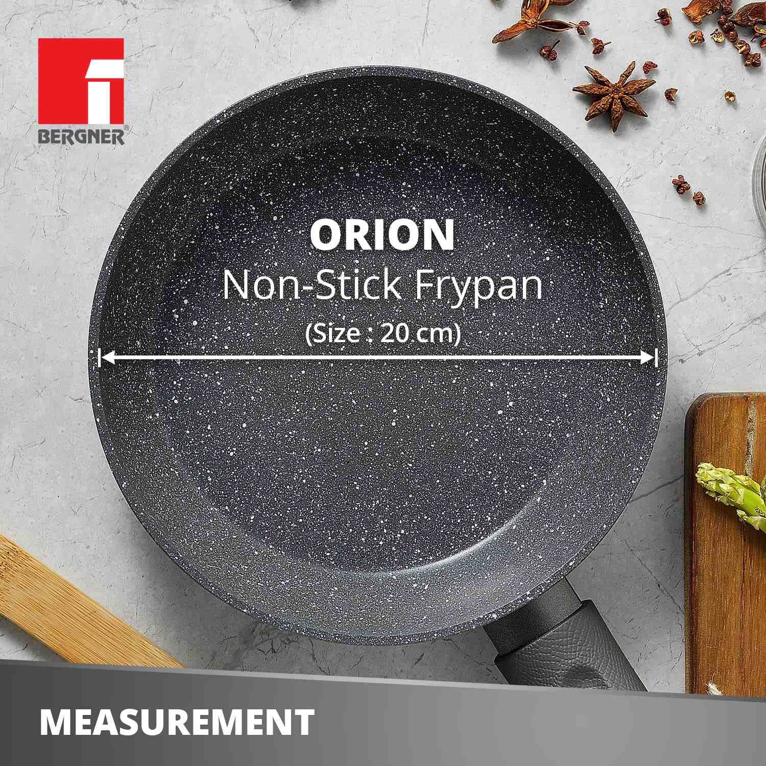 Bergner Orion Non-Stick Fry Pan/ Skillet, Low Cooking Oil Use, Textured Soft Touch Handle, Granite Finish - Induction Bottom (Grey)