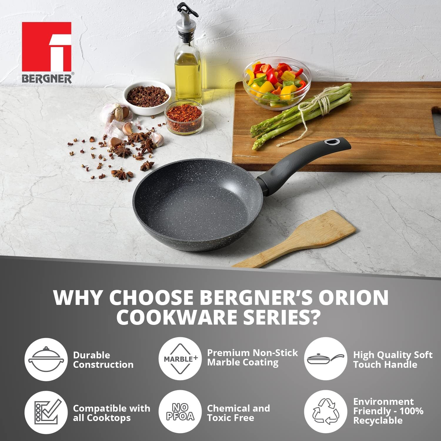 Bergner Orion Non-Stick Fry Pan/ Skillet, Low Cooking Oil Use, Textured Soft Touch Handle, Granite Finish - Induction Bottom (Grey)