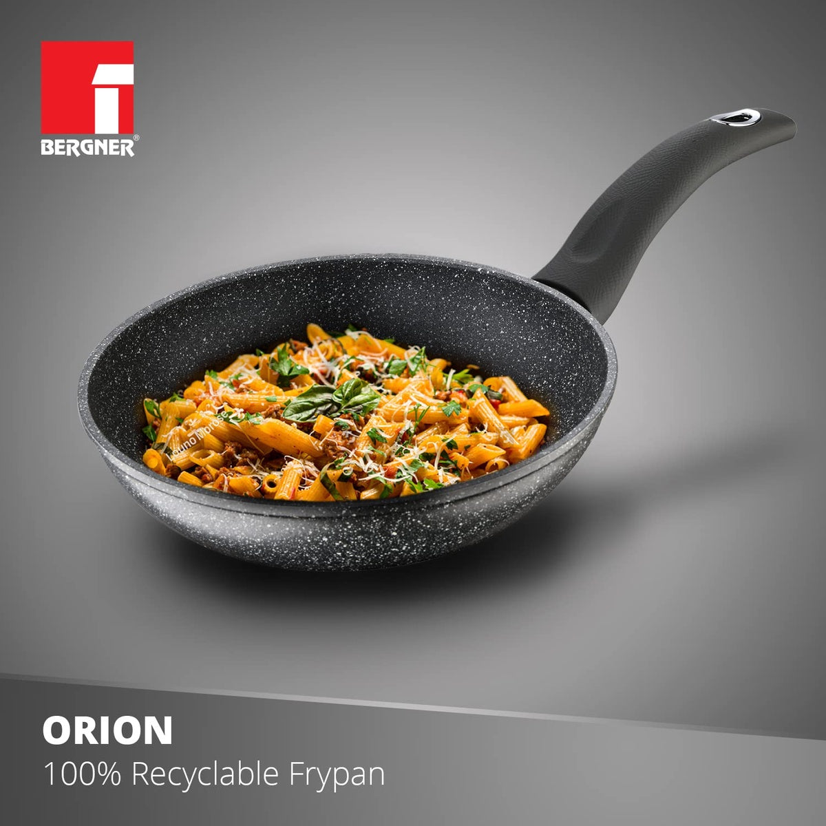 Bergner Orion Non-Stick Fry Pan/ Skillet, Low Cooking Oil Use, Textured Soft Touch Handle, Granite Finish - Induction Bottom (Grey)