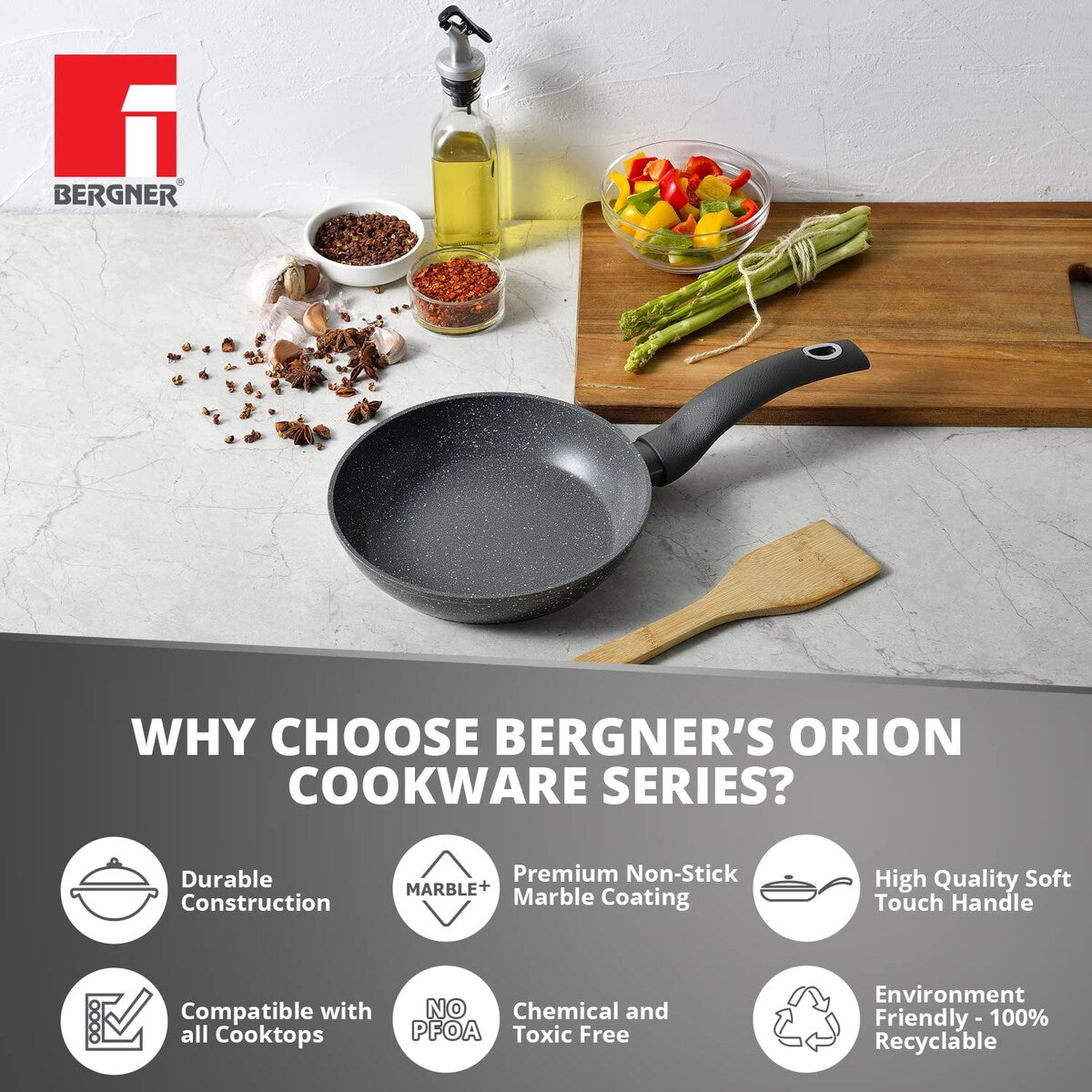 Bergner Orion Non-Stick Fry Pan/ Skillet, Low Cooking Oil Use, Textured Soft Touch Handle, Granite Finish - Induction Bottom (Grey)