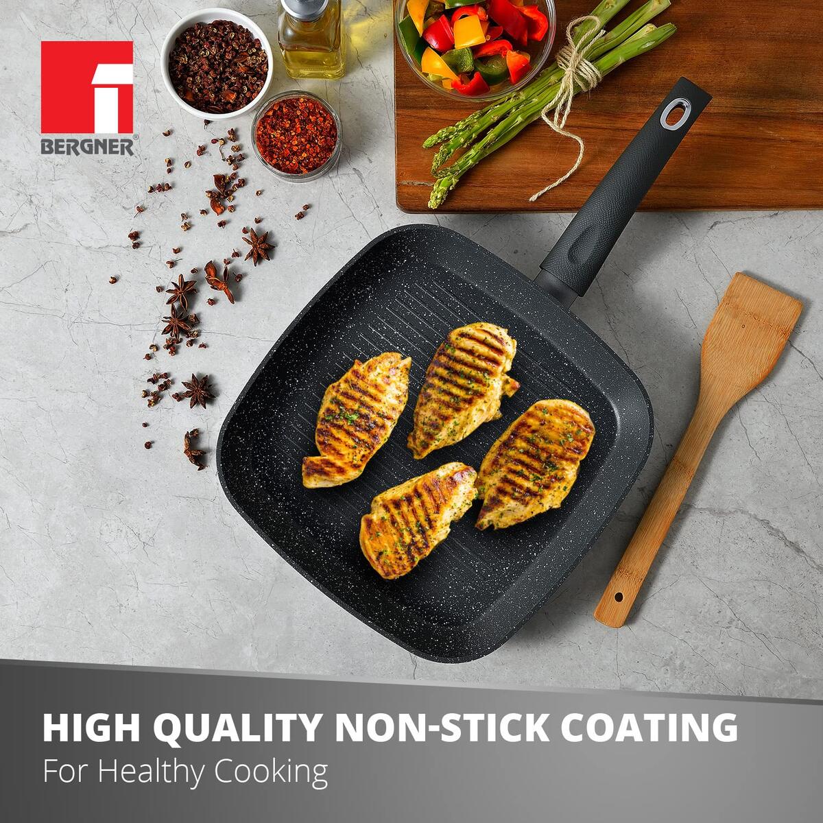 Bergner Orion Non Stick 28 cm Grill Pan/ Griddle, Textured Soft Touch Handle, Granite Finish - Induction Bottom (1 Year Warranty)